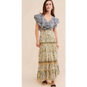 NWT Free People Forever That Girl Floral Maxi Dress Ruffle V-Neck Blue Yellow XS